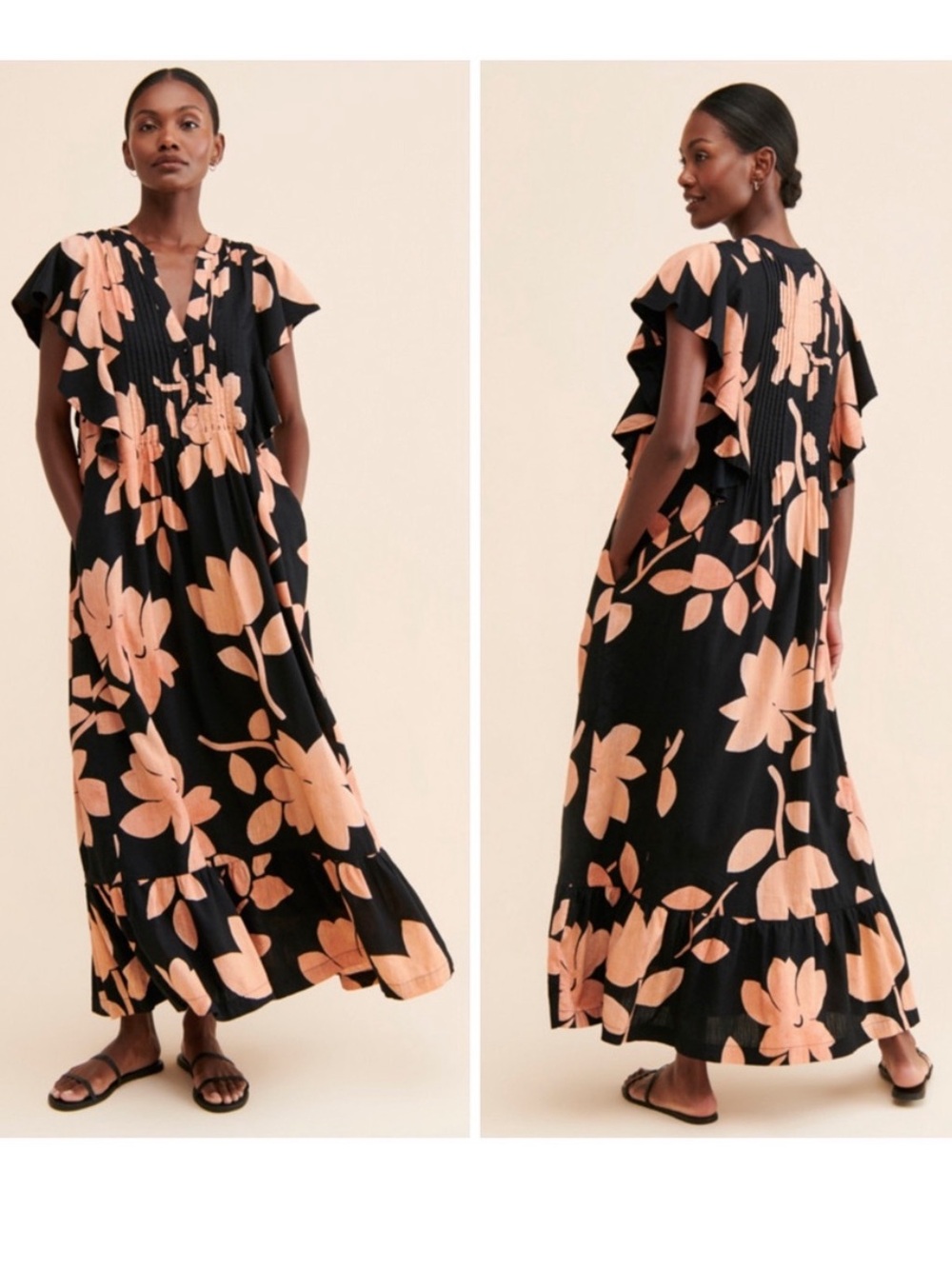 Anthropologie Maeve Floral Flounce Black Maxi Dress with Peach Floral Print Smal